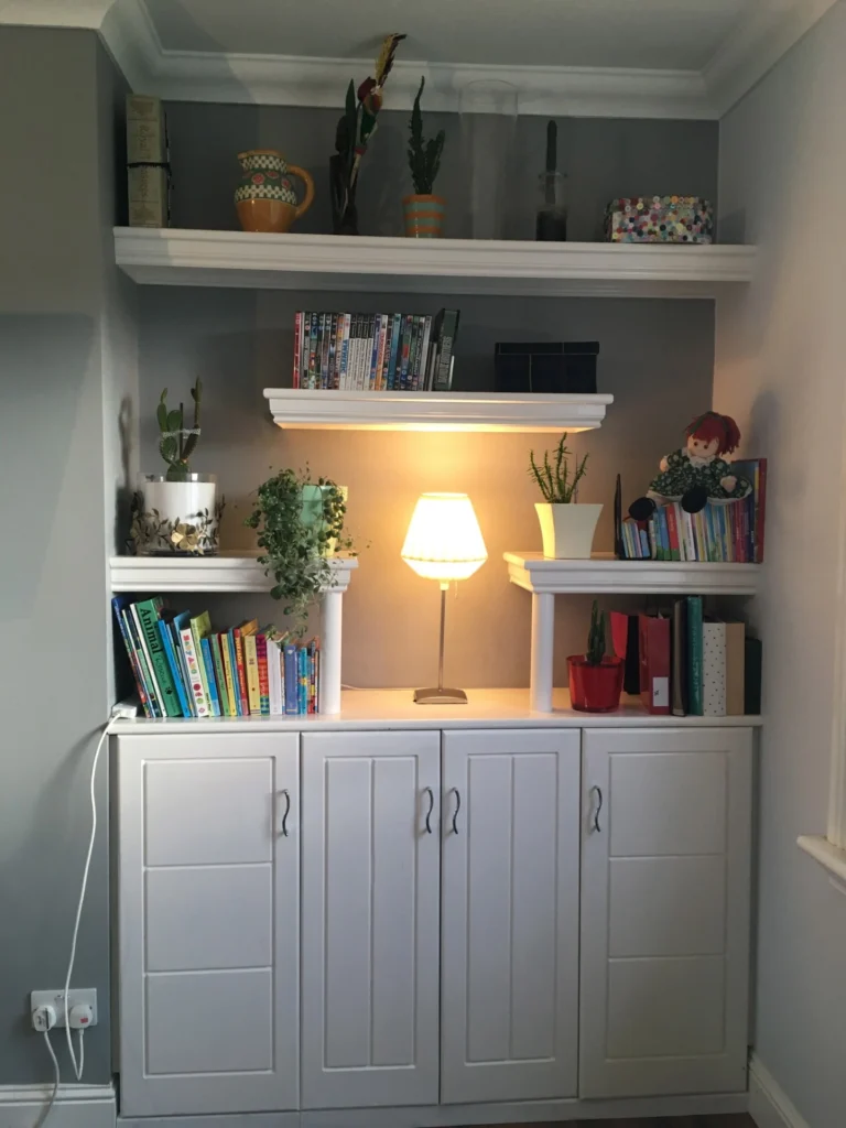 custom made wooden unit with shelving and storage with backlights
